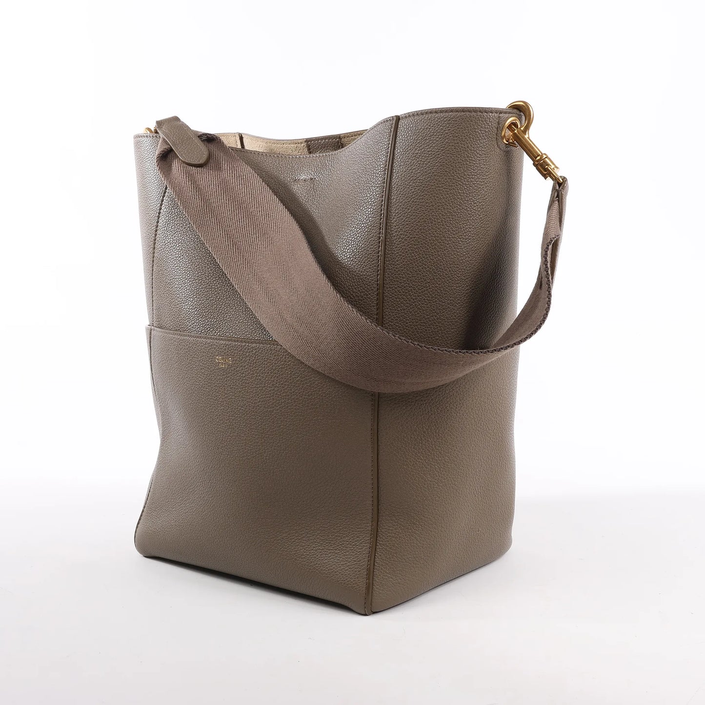 CELINE Seau Sangle Bucket Leather Shoulder Bag in Greige