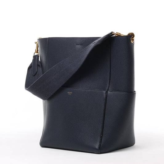CELINE Seau Sangle Bucket Leather Shoulder Bag in Navy Blue