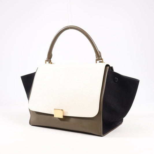 CELINE Trapeze Leather x Suede 2Way Handbag in Beige x Black, Khaki