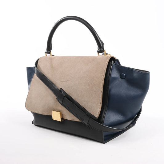 CELINE Trapeze Leder x Wildleder 2Way Handtasche in Schwarz, Marineblau und Taupe