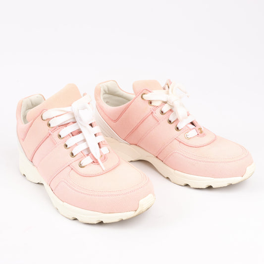 CHANEL Pink Canvas And White Leather CC Lace Up Sneakers, Size 38.5 EU