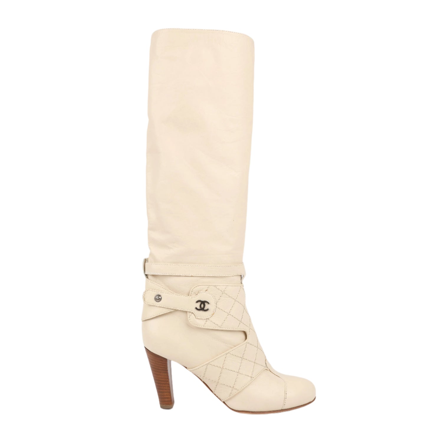 Bottes hautes Chanel Coco Mark Matelasse 06A en cuir ivoire G25325, pointure 38,5 EU