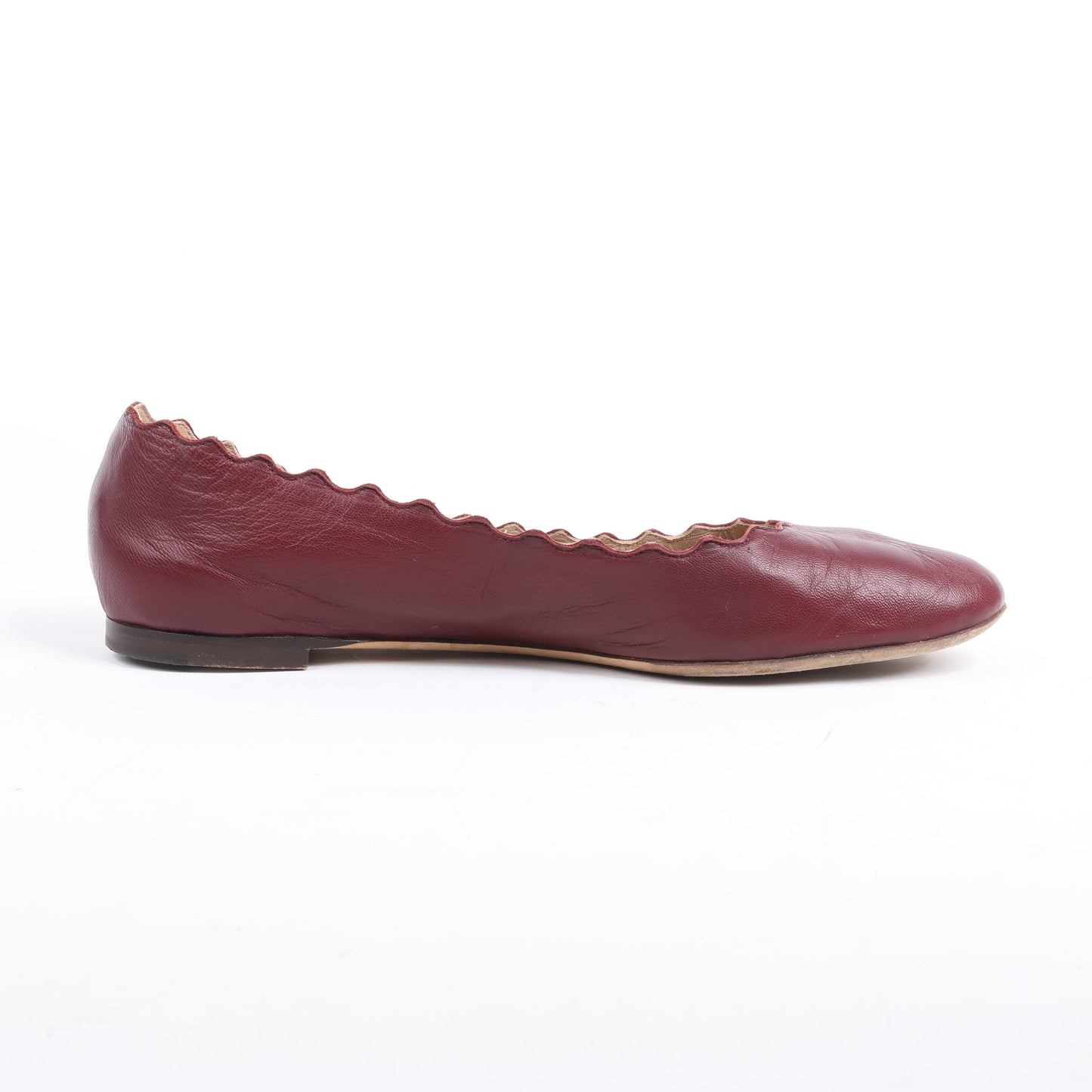 Chloe Leather Scalloped Ballet Flats in Burgundy, Size 38
