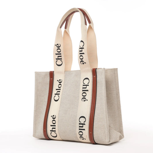 CHLOE Woody Medium Canvas x Leather Tote Shoulder bag in Beige x Brown
