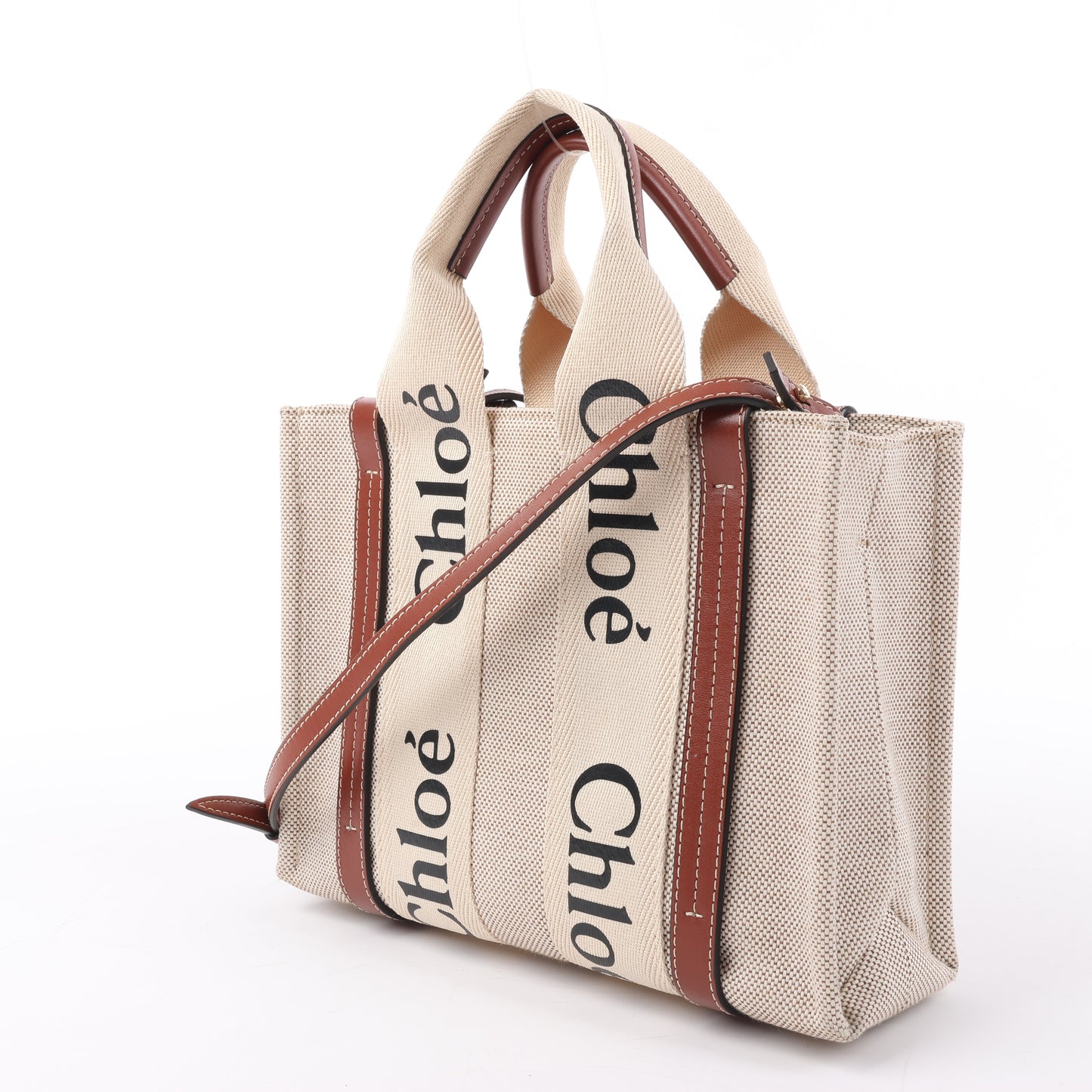 Chloé Woody Small Canvas & Leather 2Way Handbag in Beige x Brown