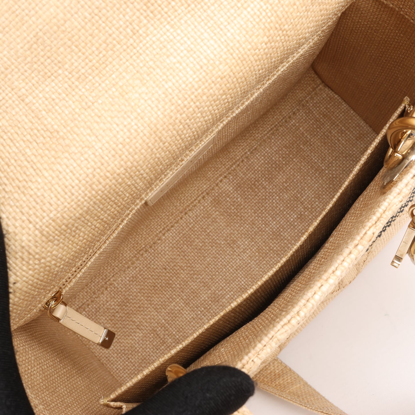 Sac à main Christian Dior Lady D-Lite en raphia tissé et brodé Cannage, taille moyenne, double usage, beige
