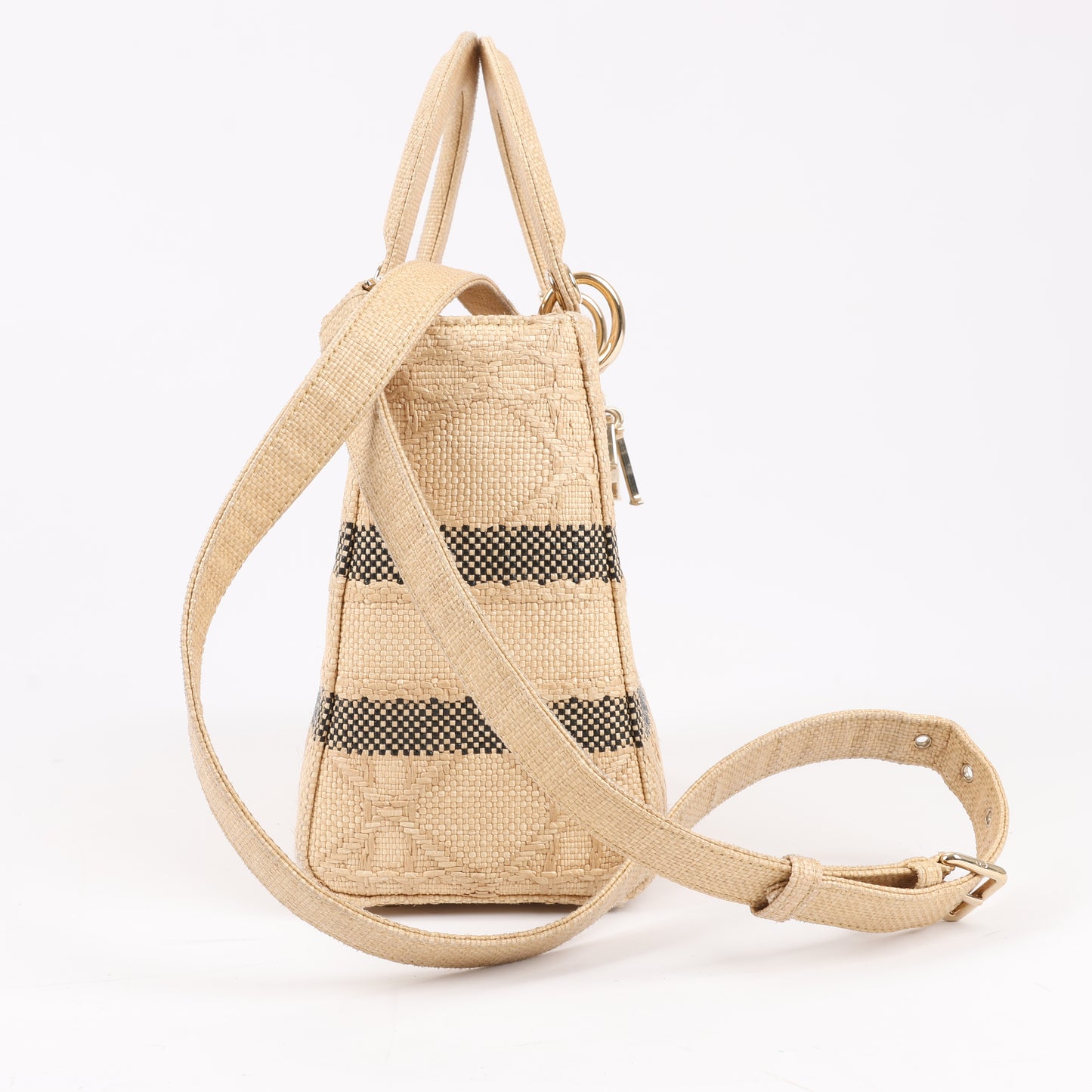 Sac à main Christian Dior Lady D-Lite en raphia tissé et brodé Cannage, taille moyenne, double usage, beige