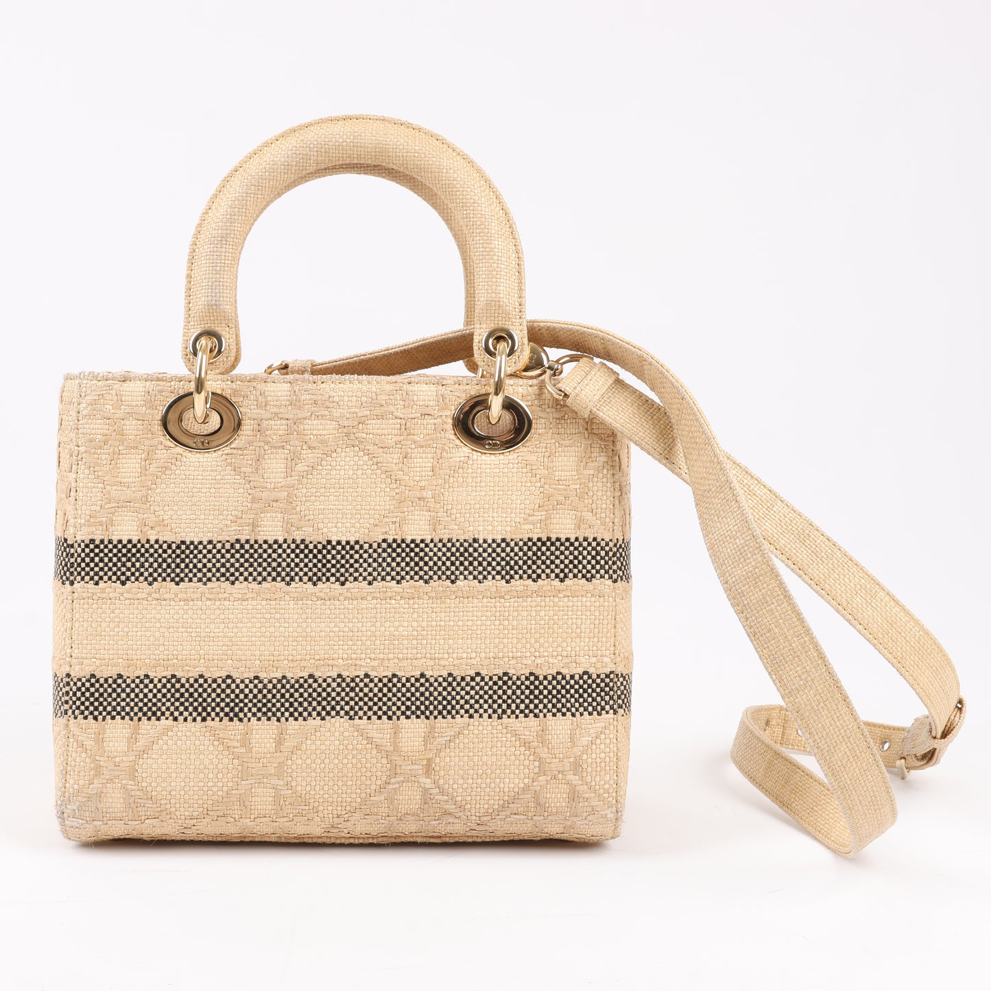 Sac à main Christian Dior Lady D-Lite en raphia tissé et brodé Cannage, taille moyenne, double usage, beige