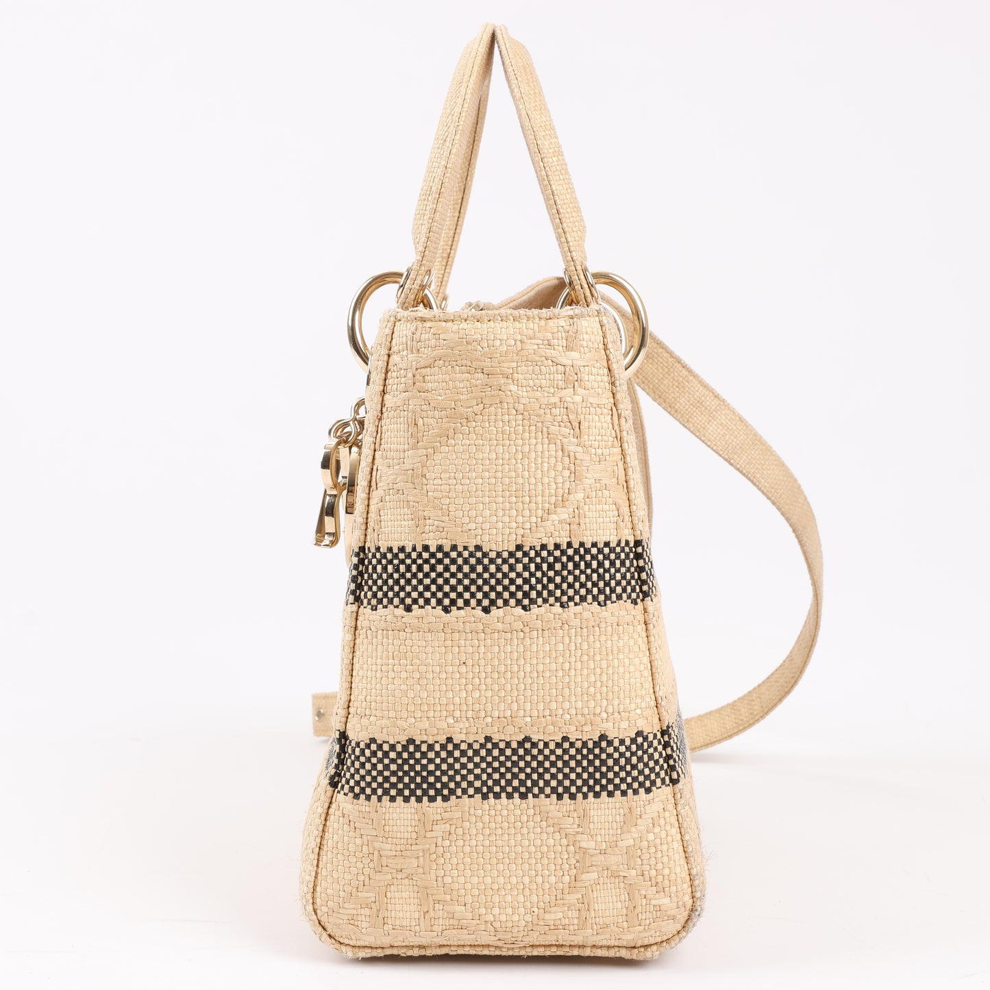 Sac à main Christian Dior Lady D-Lite en raphia tissé et brodé Cannage, taille moyenne, double usage, beige