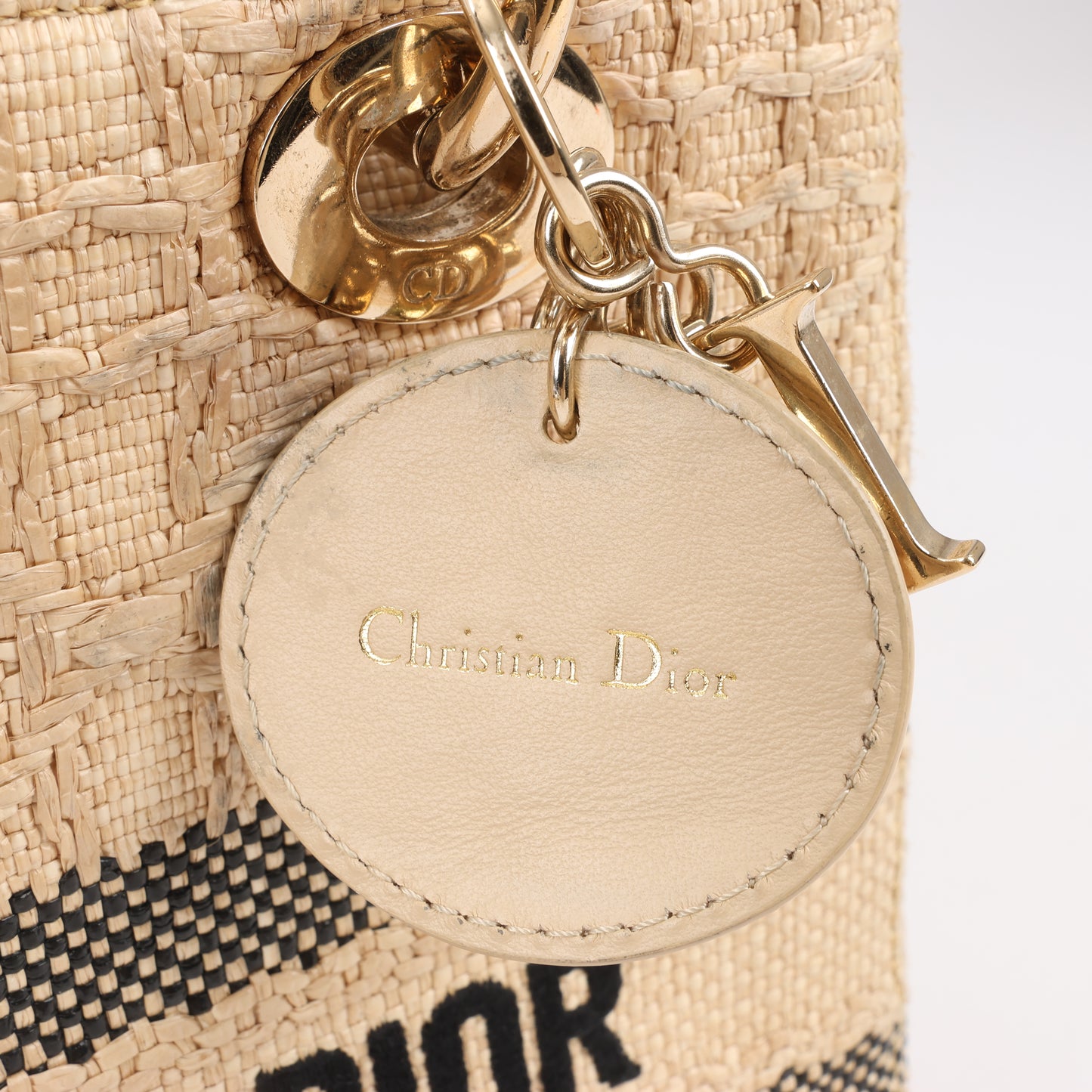 Sac à main Christian Dior Lady D-Lite en raphia tissé et brodé Cannage, taille moyenne, double usage, beige