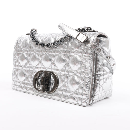 Dior Caro Leather Chain Shoulder Bag in Metallic Silver