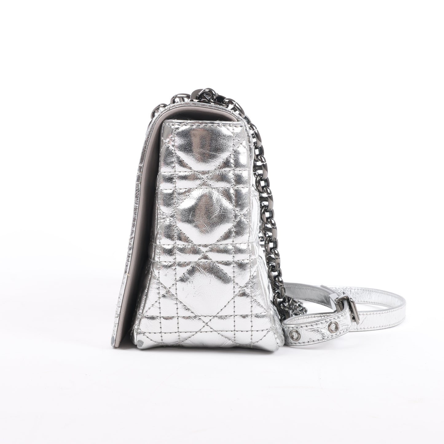 Christian Dior Caro Leather Chain Shoulder Bag in Metallic Silver
