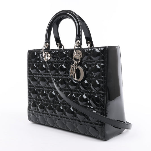Dior Lady Dior Patent Leather Cannage Large Handbag in Black