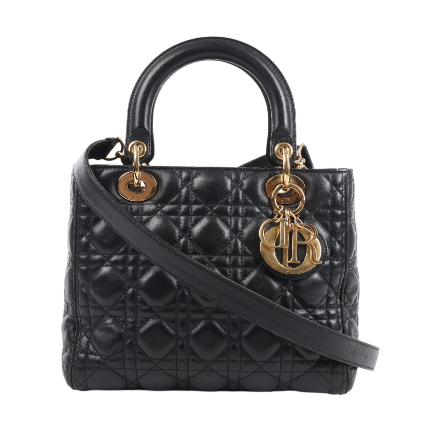 Christian Dior Lady Dior Cannage Leather Medium 2Way Handbag in Black
