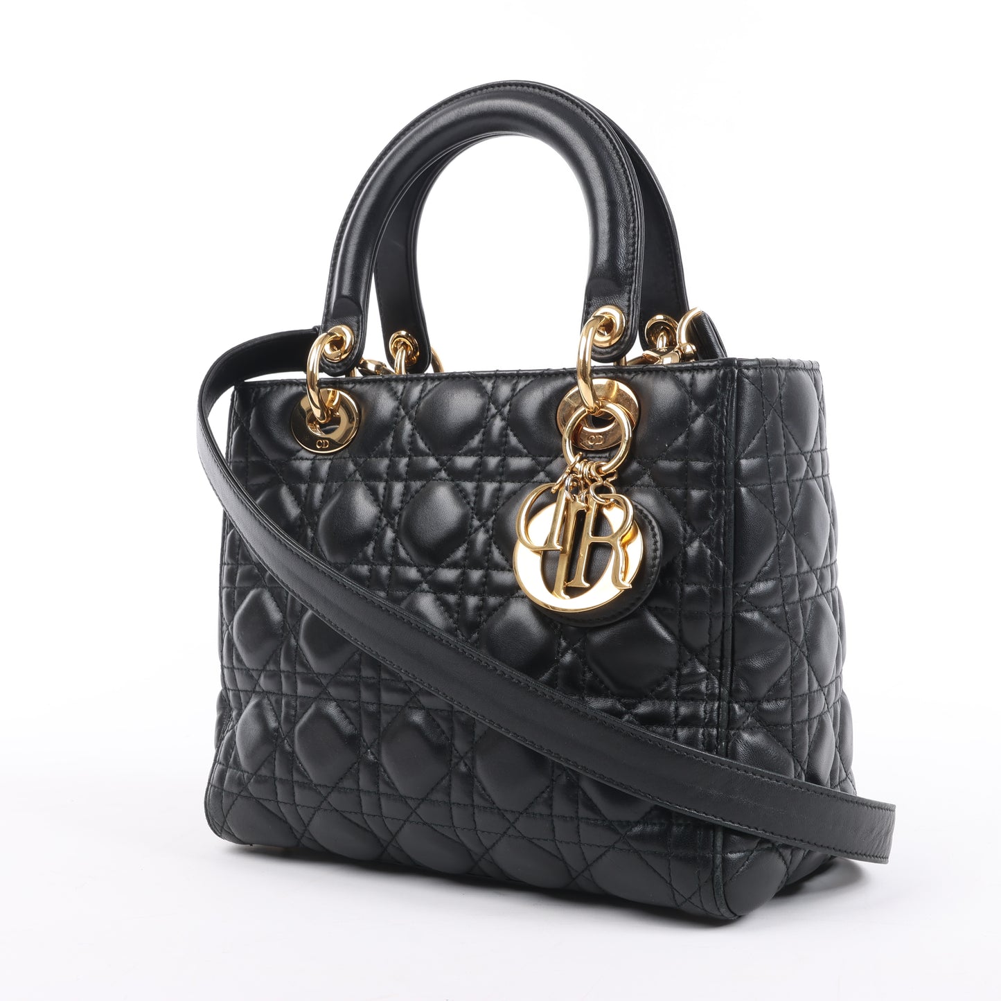 Christian Dior Lady Dior Cannage Leather Medium 2Way Handbag in Black