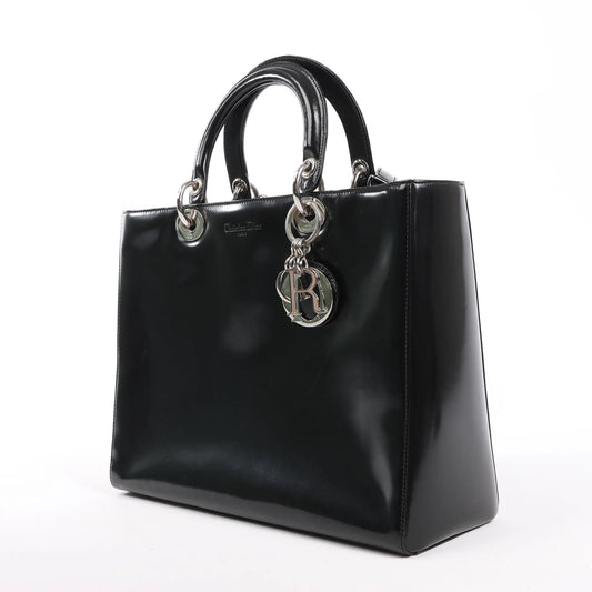 Dior Lady Dior Large Patent Leather 2Way Handbag in Black