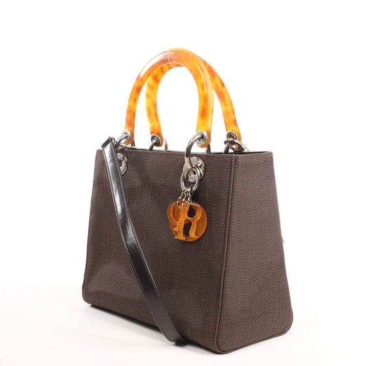 Dior Lady Dior Cannage Nylon x Leather 2Way Handbag in Brown