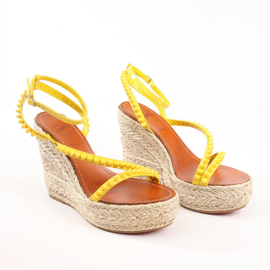 Christian Louboutin MAFALDINA ZEPPA Patent Leather Spike Studs Wedge Sole Espadrilles Sandals in Yellow, Size 39 EU