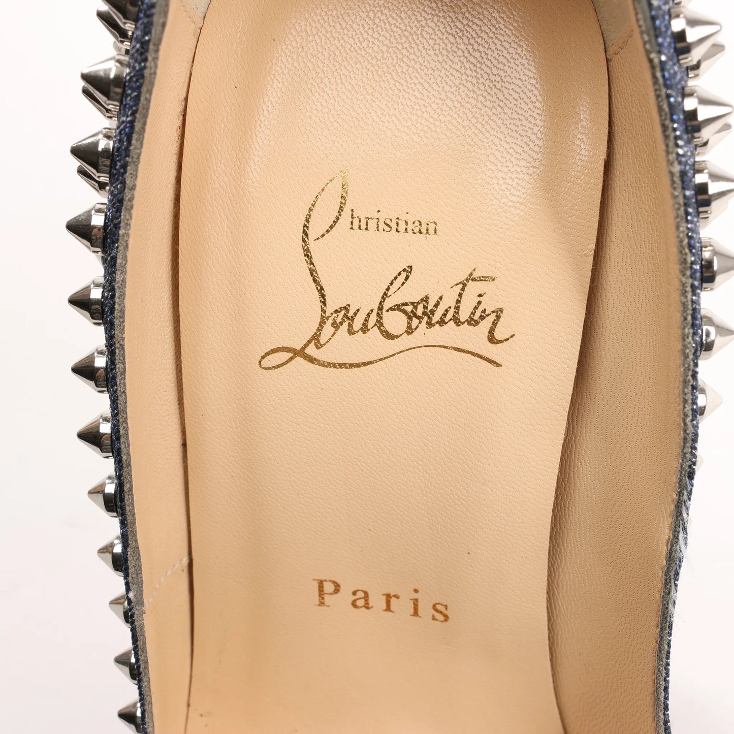 Christian Louboutin Lady Peep 150 Denim Spike Studs Open-toe Heels in Blue, Size 36.5 EU