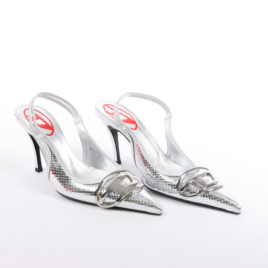 Diesel D-Venus Patent Embossed Slingback Heels in Silver, Size 37 EU