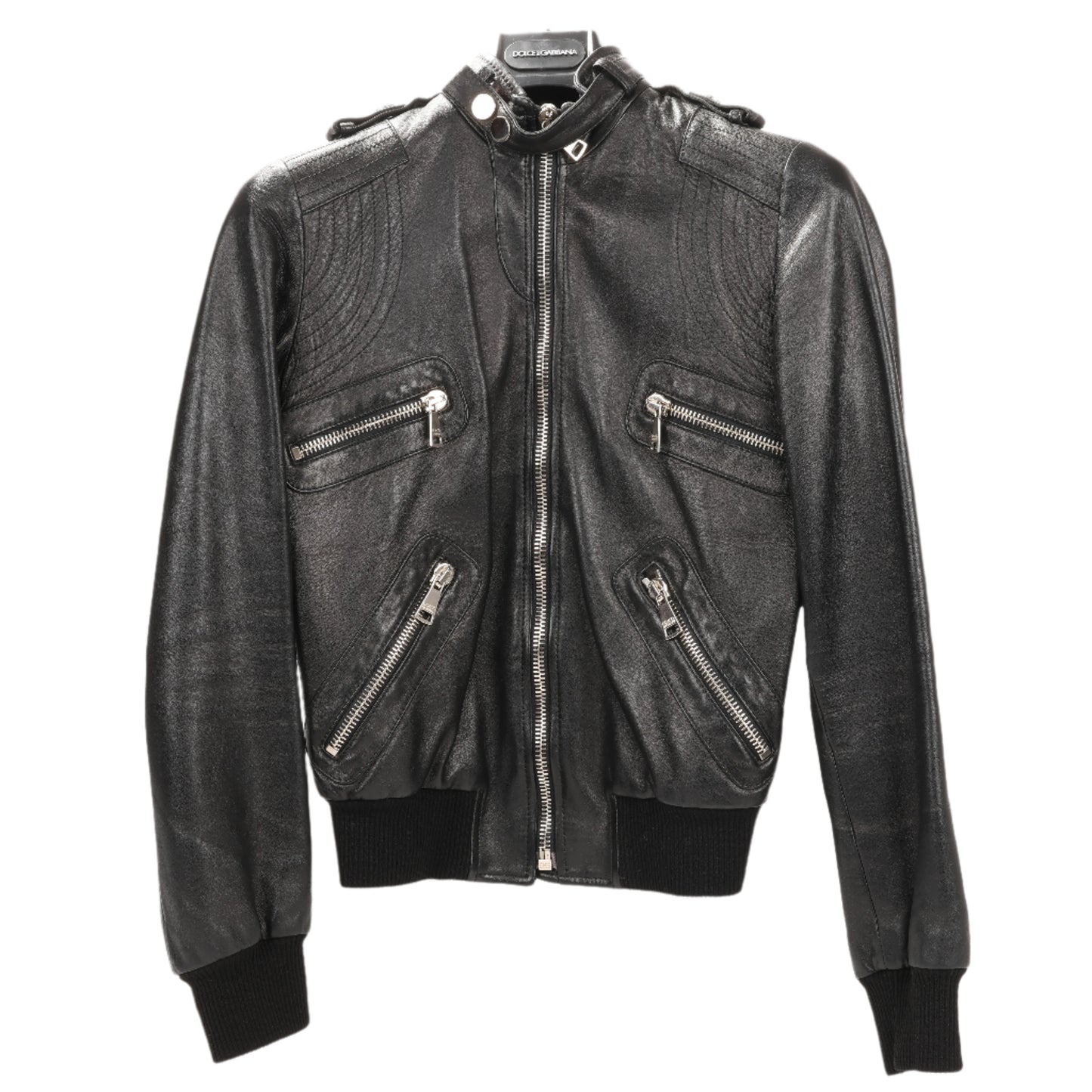 Dolce & Gabbana Black Leather and Leopard Biker Jacket, Size 38