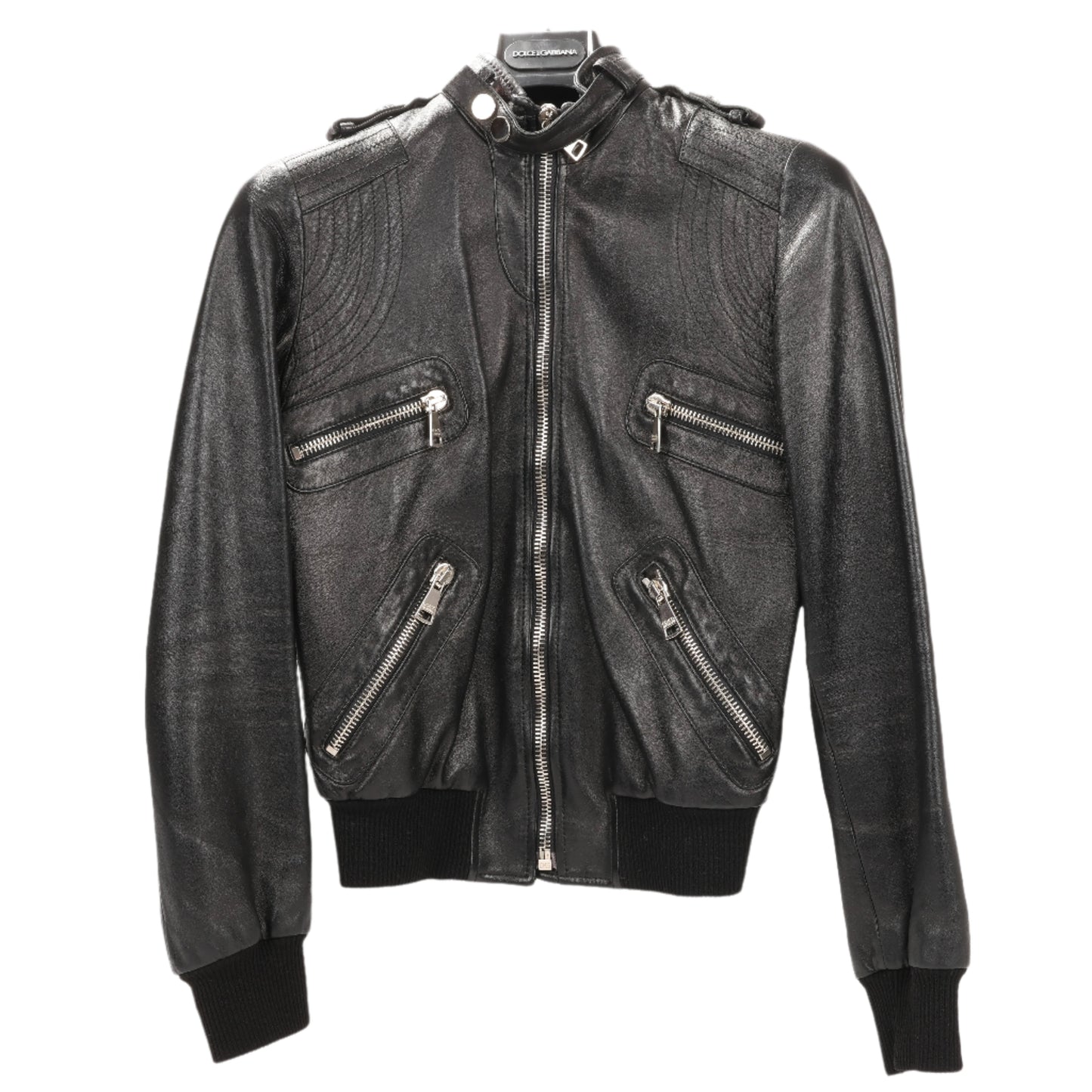 Dolce & Gabbana Black Leather and Leopard Biker Jacket, Size 38