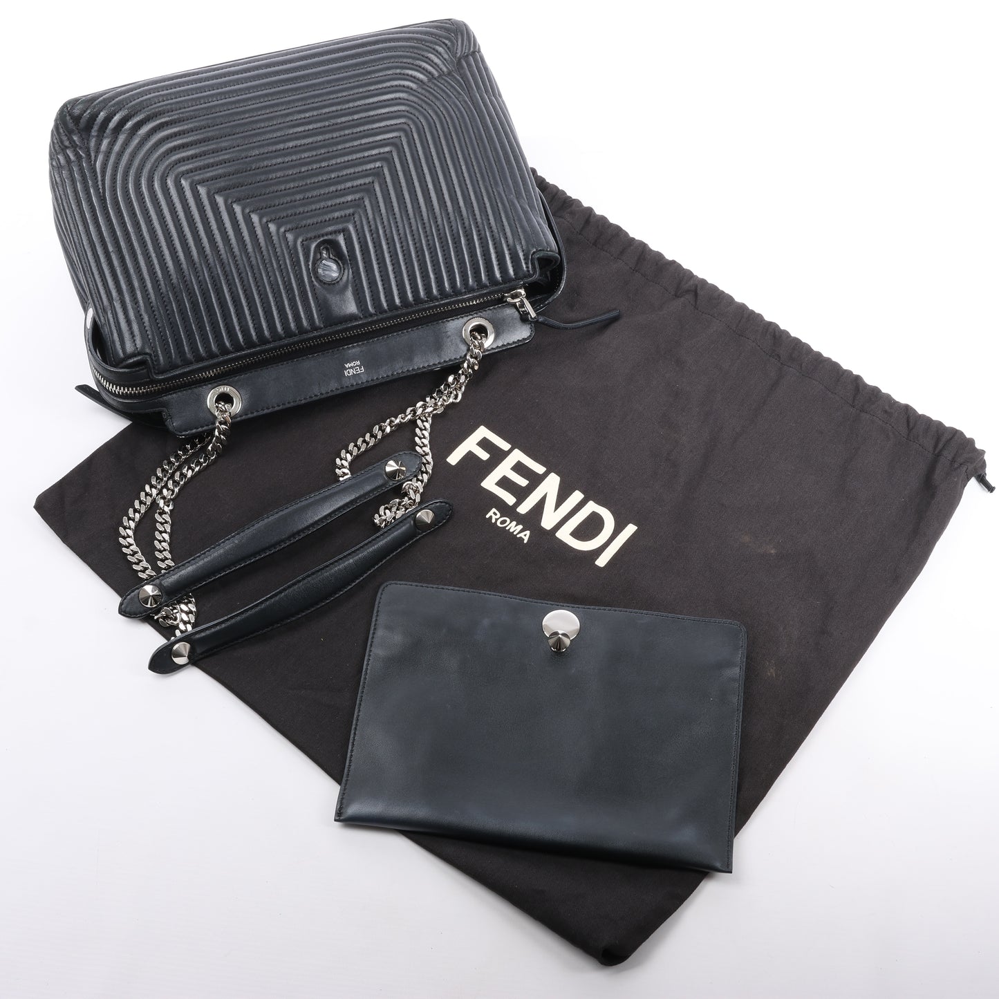 Fendi Dotcom Leather Chain Semi Shoulder Bag in Black