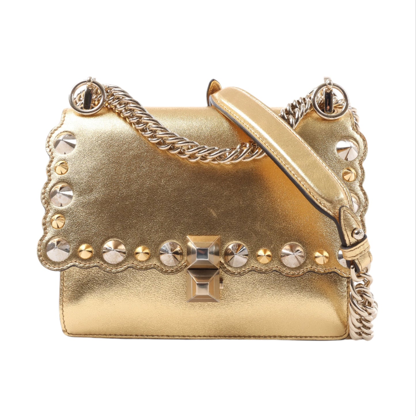 Sac à bandoulière en cuir FENDI Mini Kan I avec chaîne, doré 8M0381