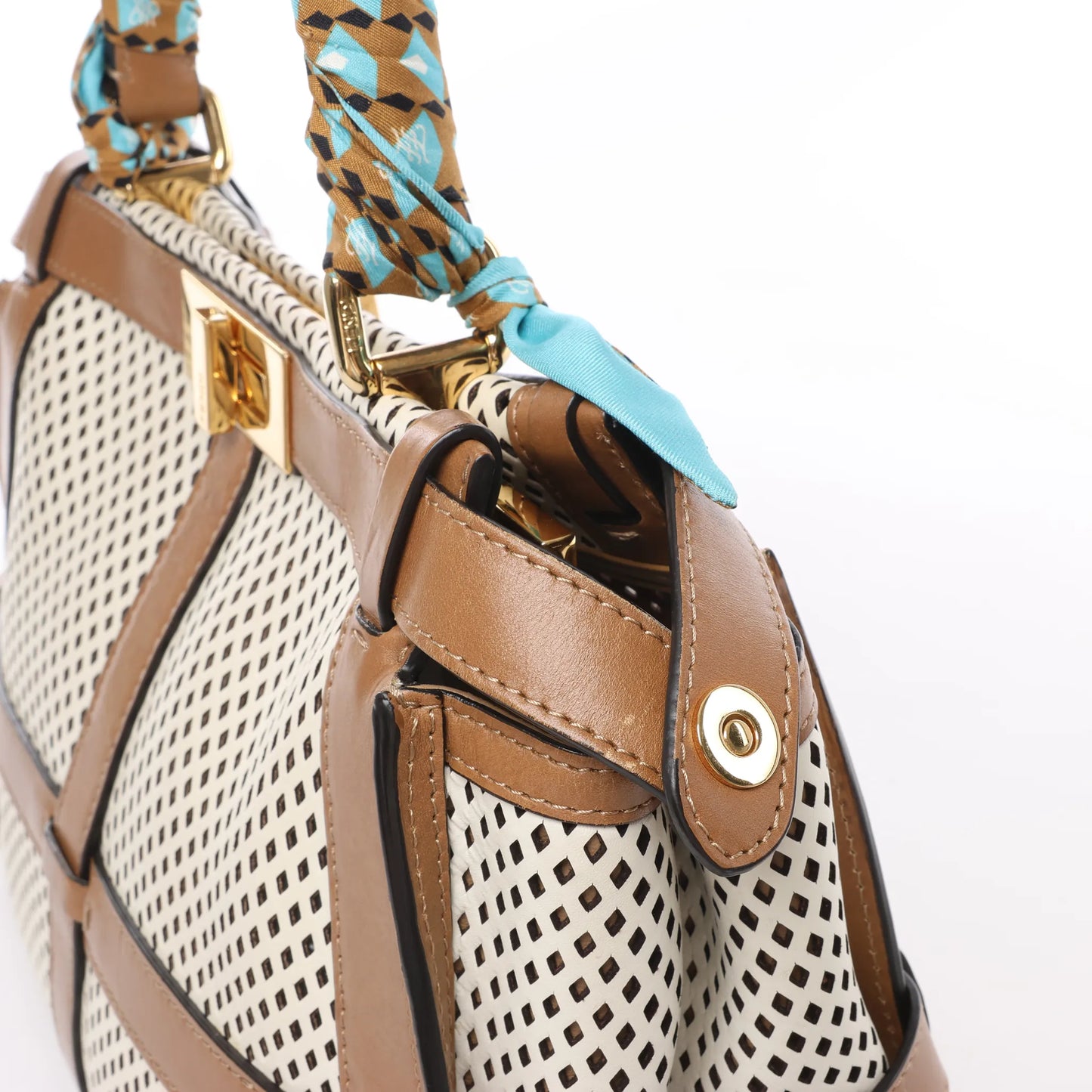 Fendi Peekaboo Regular Perforated Leather 2Way Handbag in Brown x Beige 8BN290