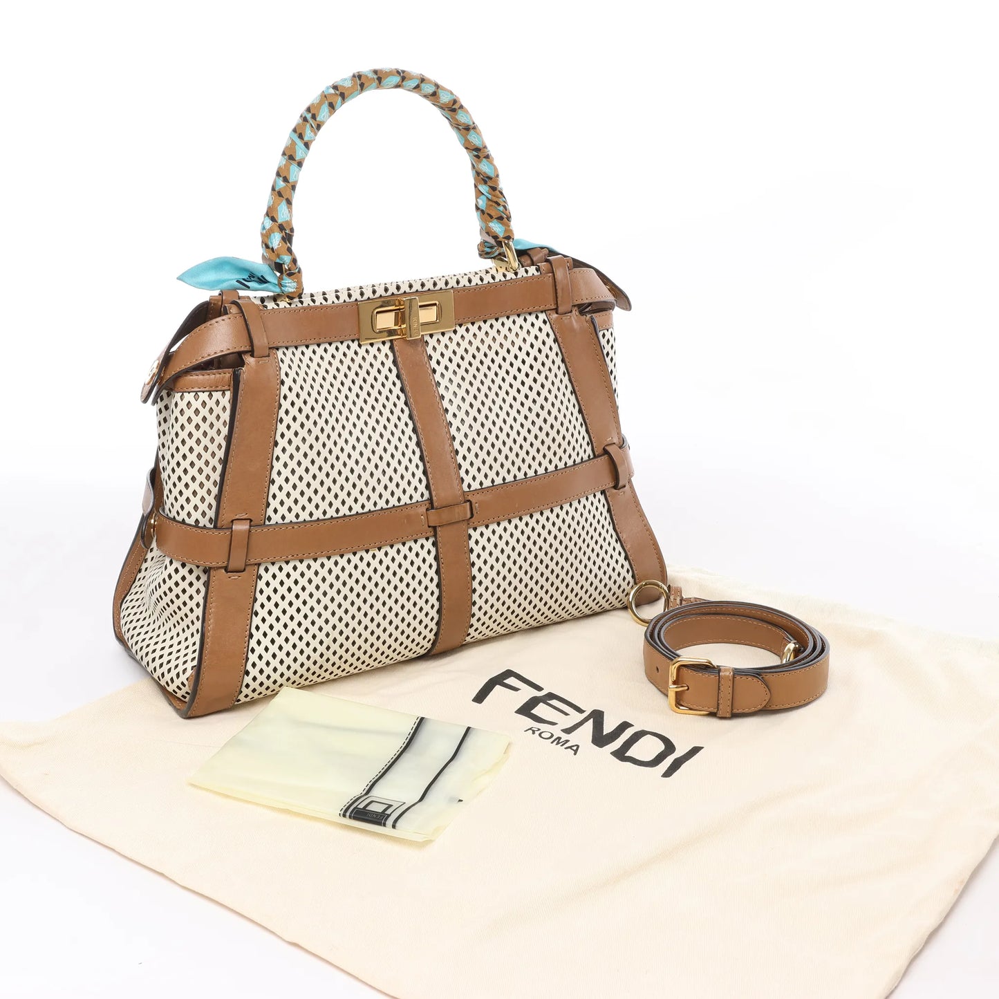 Fendi Peekaboo Regular Perforated Leather 2Way Handbag in Brown x Beige 8BN290