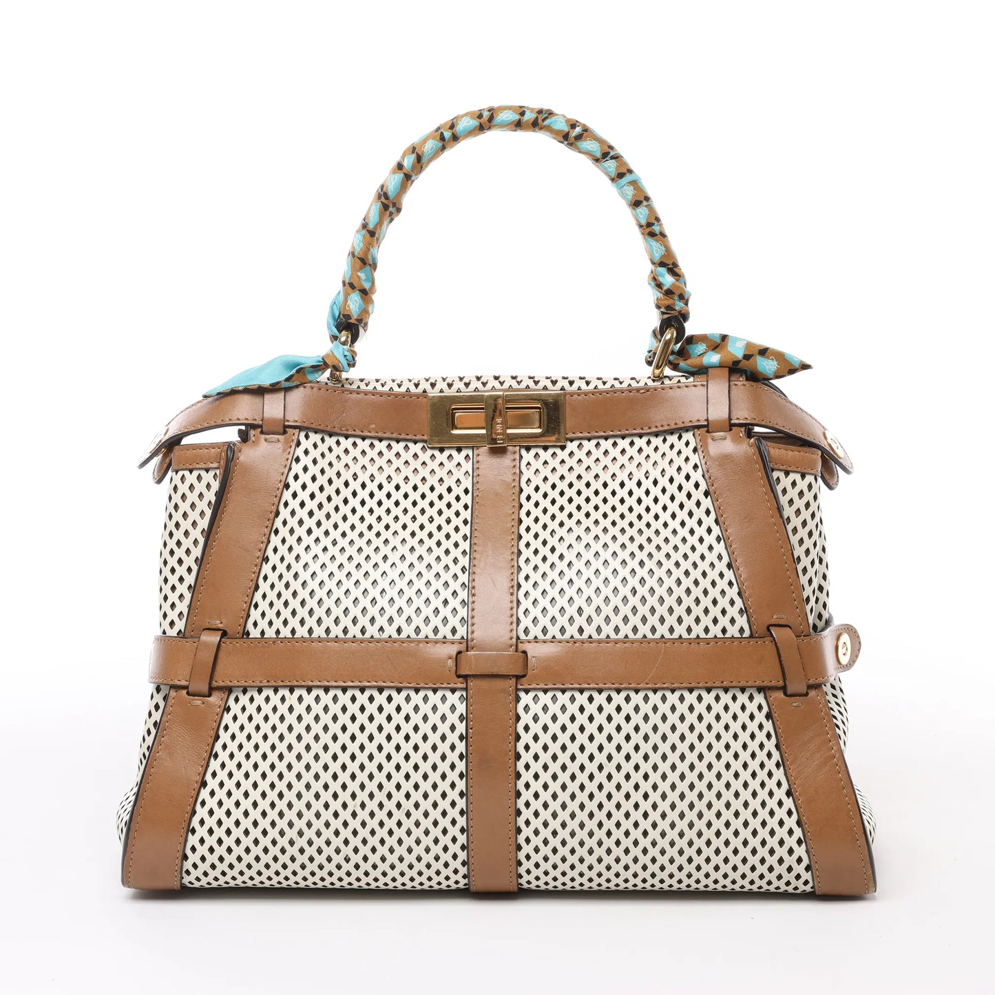 Fendi Peekaboo Regular Perforated Leather 2Way Handbag in Brown x Beige 8BN290