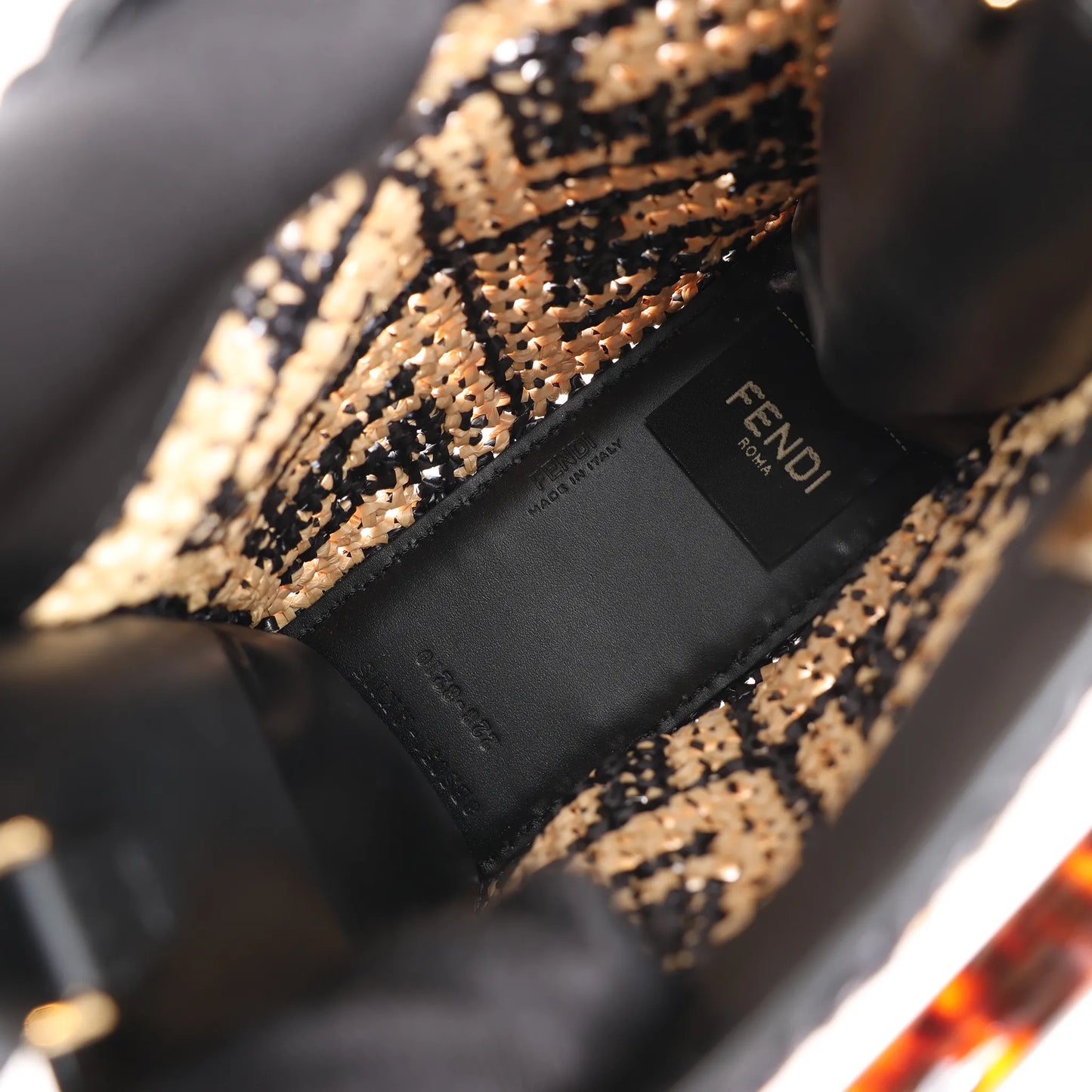 Fendi Mon Sunshine Shopper Zucchino Small Raffia x Leather 2Way Handbag in Black x Beige 8BS051