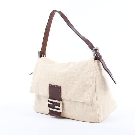 FENDI Mamma Baguette Zucchino Canvas & Leather Shoulder bag in Beige 26325