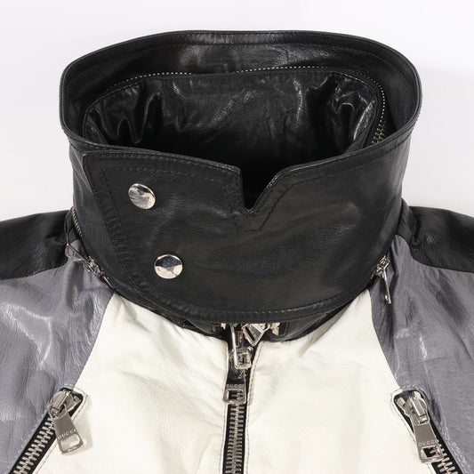 Gucci Litriang Leather Biker Jacket in Metallic Gray x White x Black, 48 IT