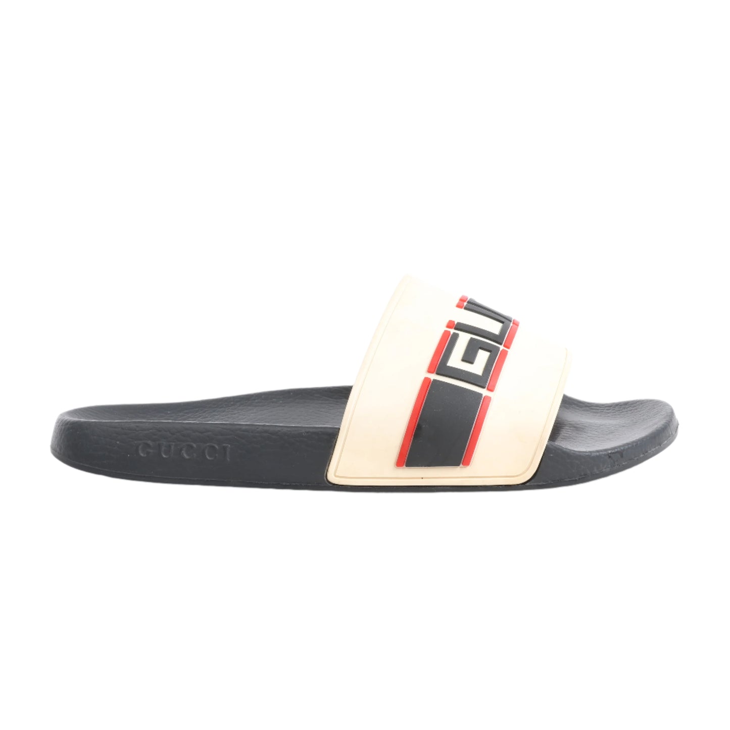Gucci Pursuit Slides Sandals, Beige/Black/Red, Size 46