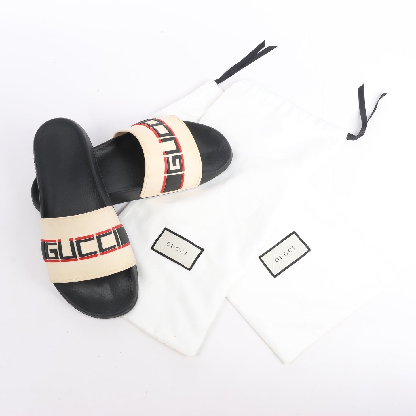 Gucci Pursuit Slides Sandals, Beige/Black/Red, Size 46