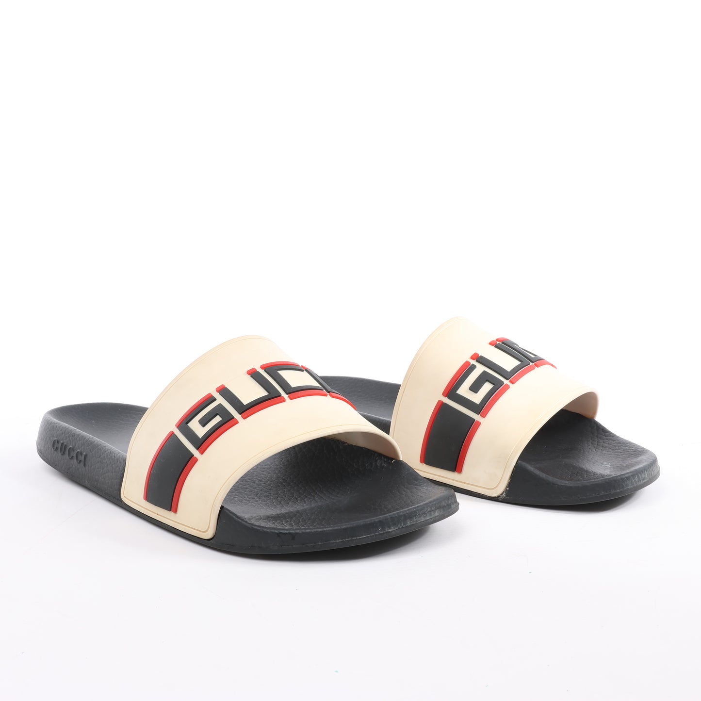 Gucci Pursuit Slides Sandals, Beige/Black/Red, Size 46
