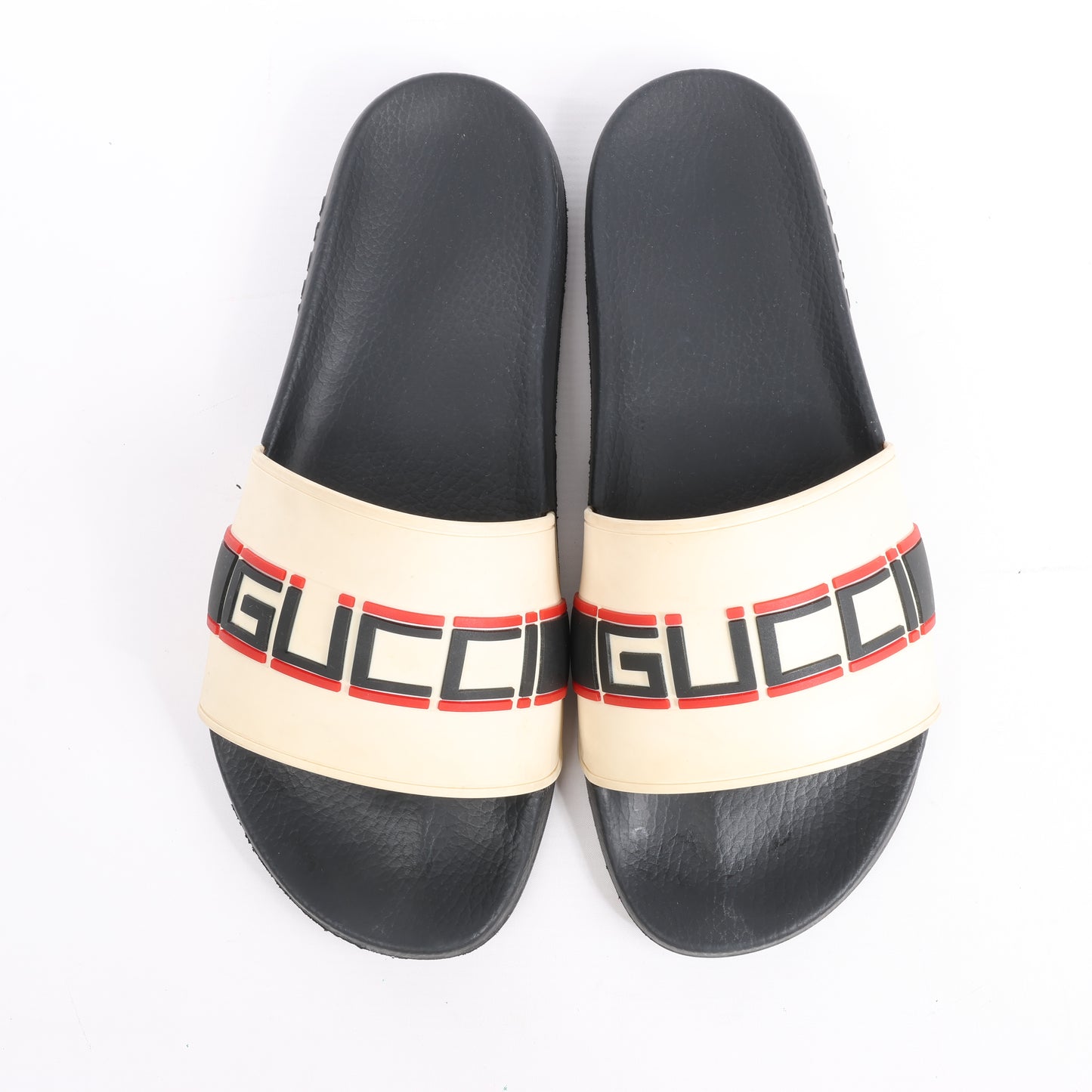 Gucci Pursuit Slides Sandals, Beige/Black/Red, Size 46