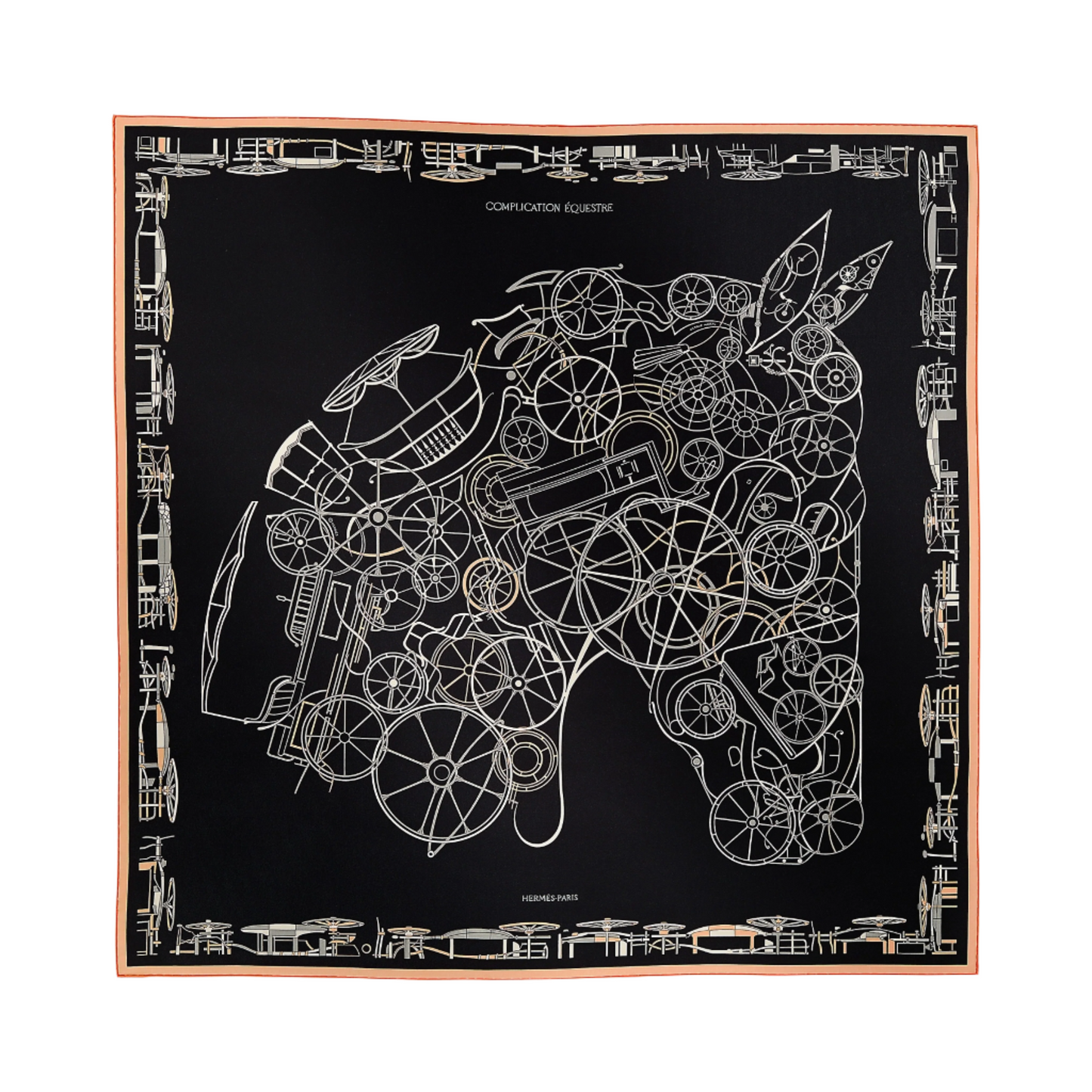 Hermès Carré 90 "COMPLICATION EQUESTRE" 100% Silk Scarf in Black