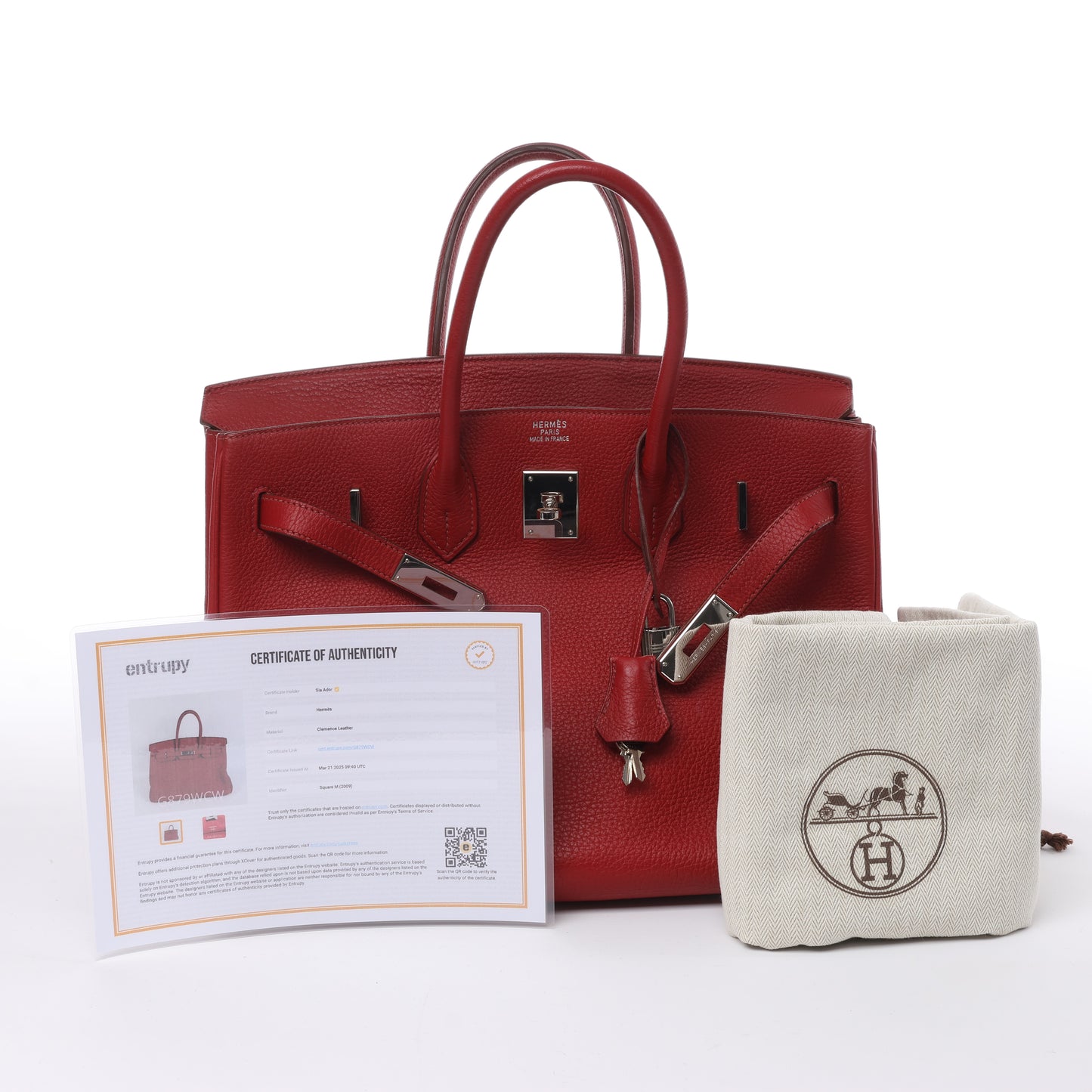 HERMES Birkin 35 Taurillon Clemence Rouge Garance Silver Metal Fittings □M: 2009