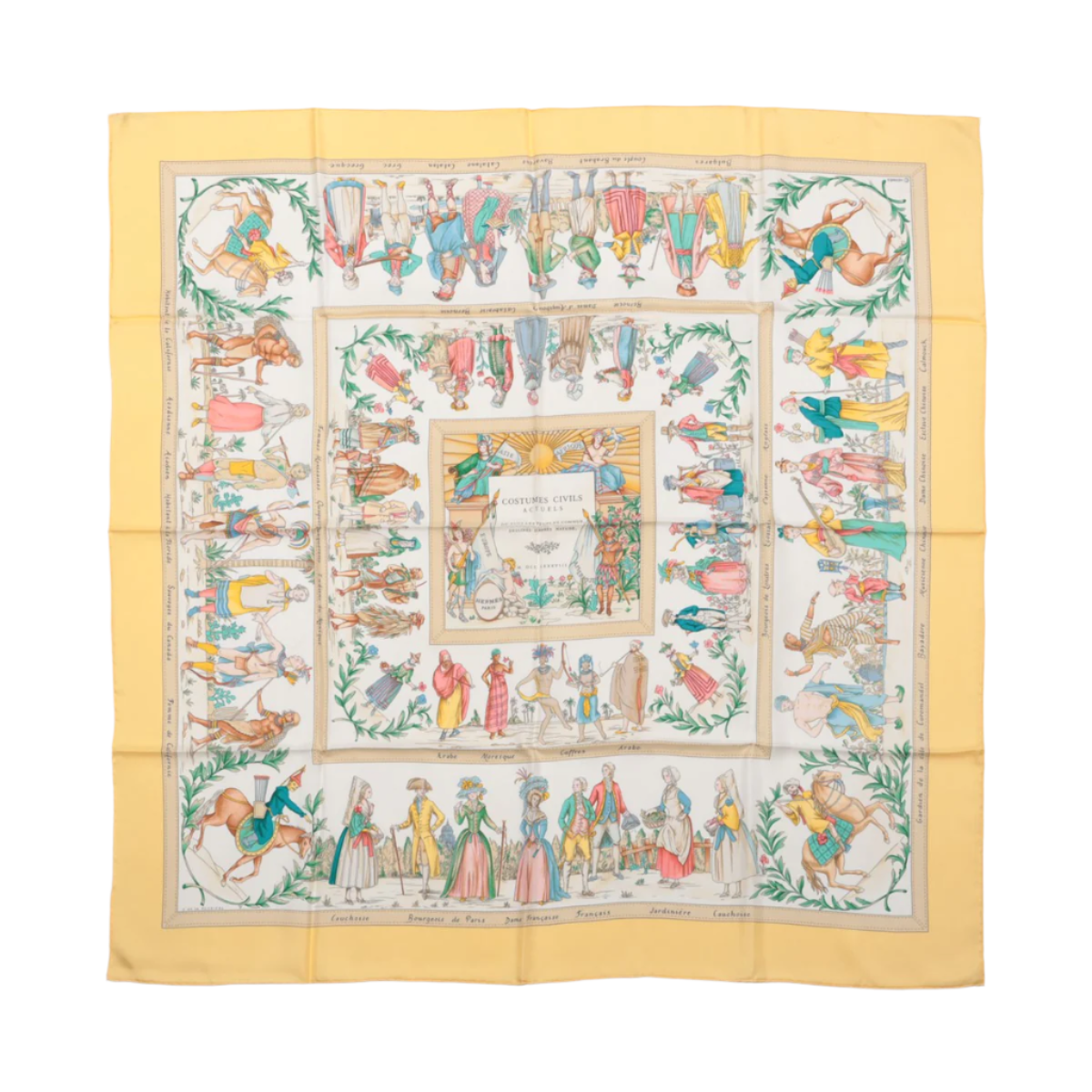 Hermès Carré 90 „COSTUMES CIVILS ACTUELS“ Schal aus 100 % Seide in Beige