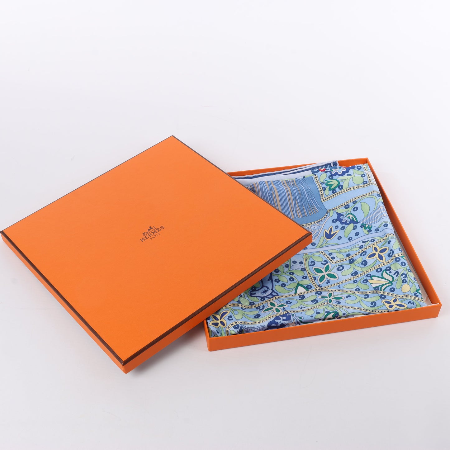 Hermès Carré 90 "Selle des Steppes" 100% Silk Scarf in Blue