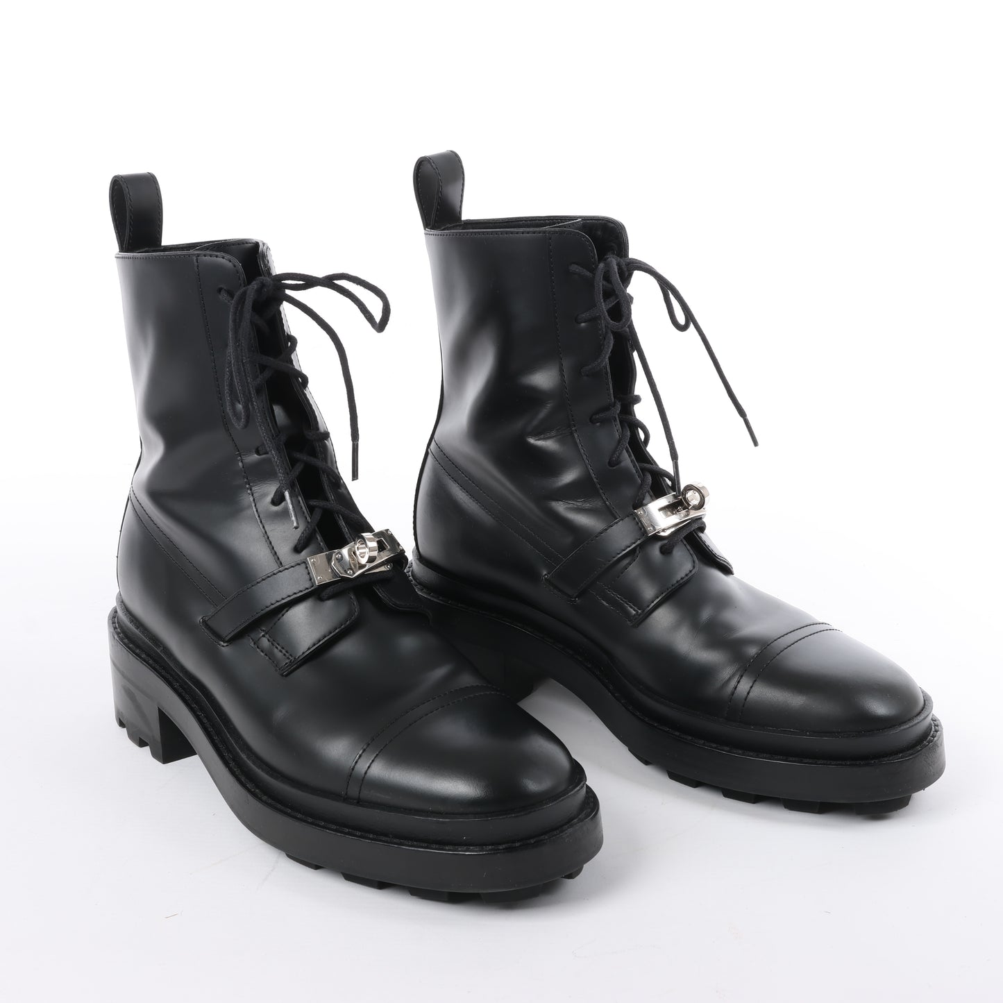 Hermes Funk Lederstiefelette Kelly Metal Fittings in Schwarz, Größe 38,5 EU