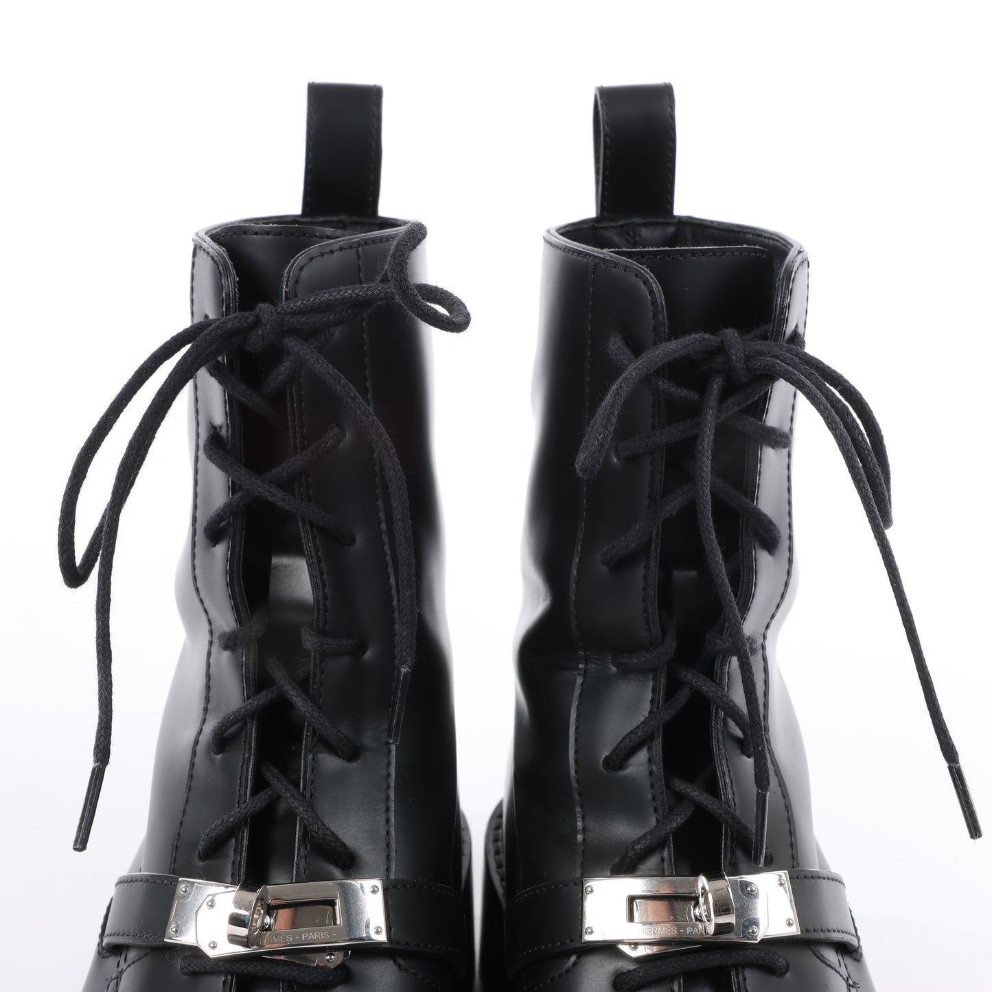 Hermes Funk Lederstiefelette Kelly Metal Fittings in Schwarz, Größe 38,5 EU