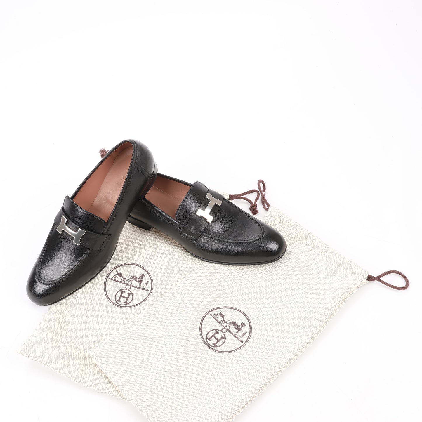HERMES Paris Leather Loafers in Black, Size 38.5 EU