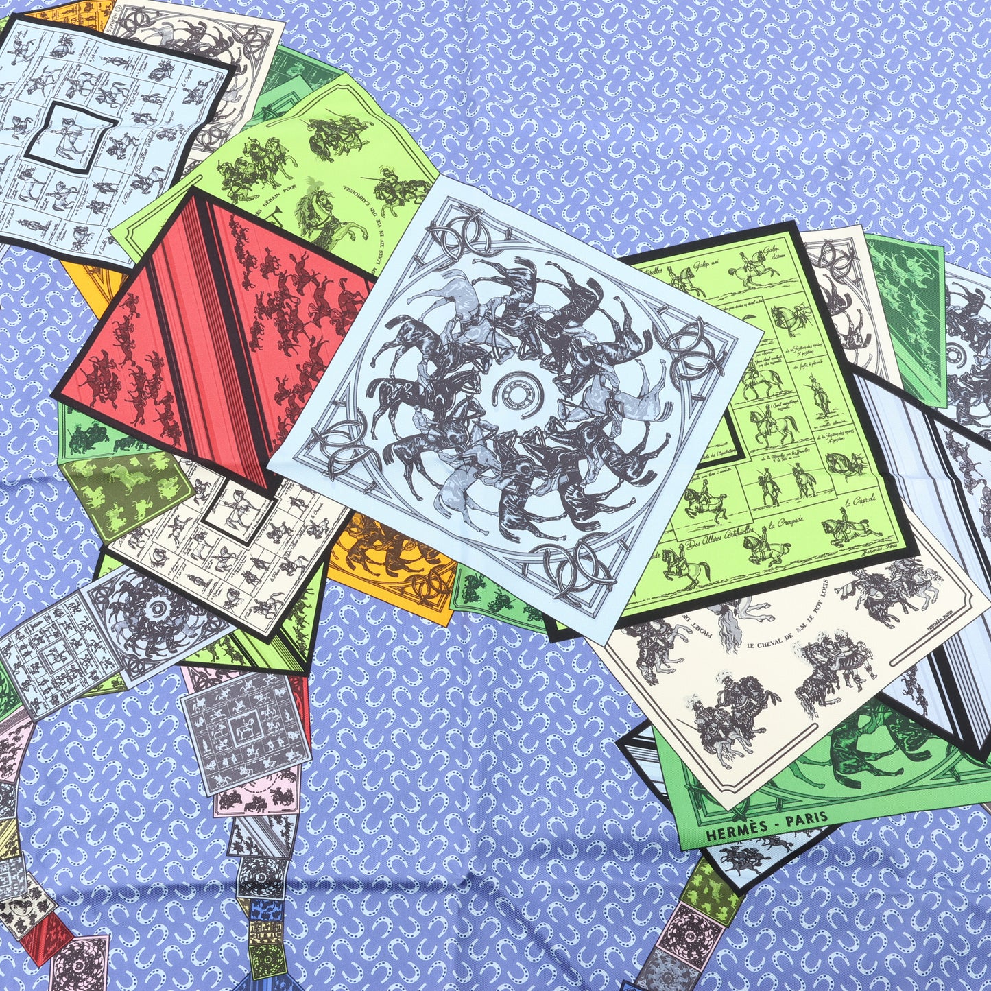 Hermès Carré 90 Foulard 100% Soie "À Cheval Sur Mon Carré" en Bleu