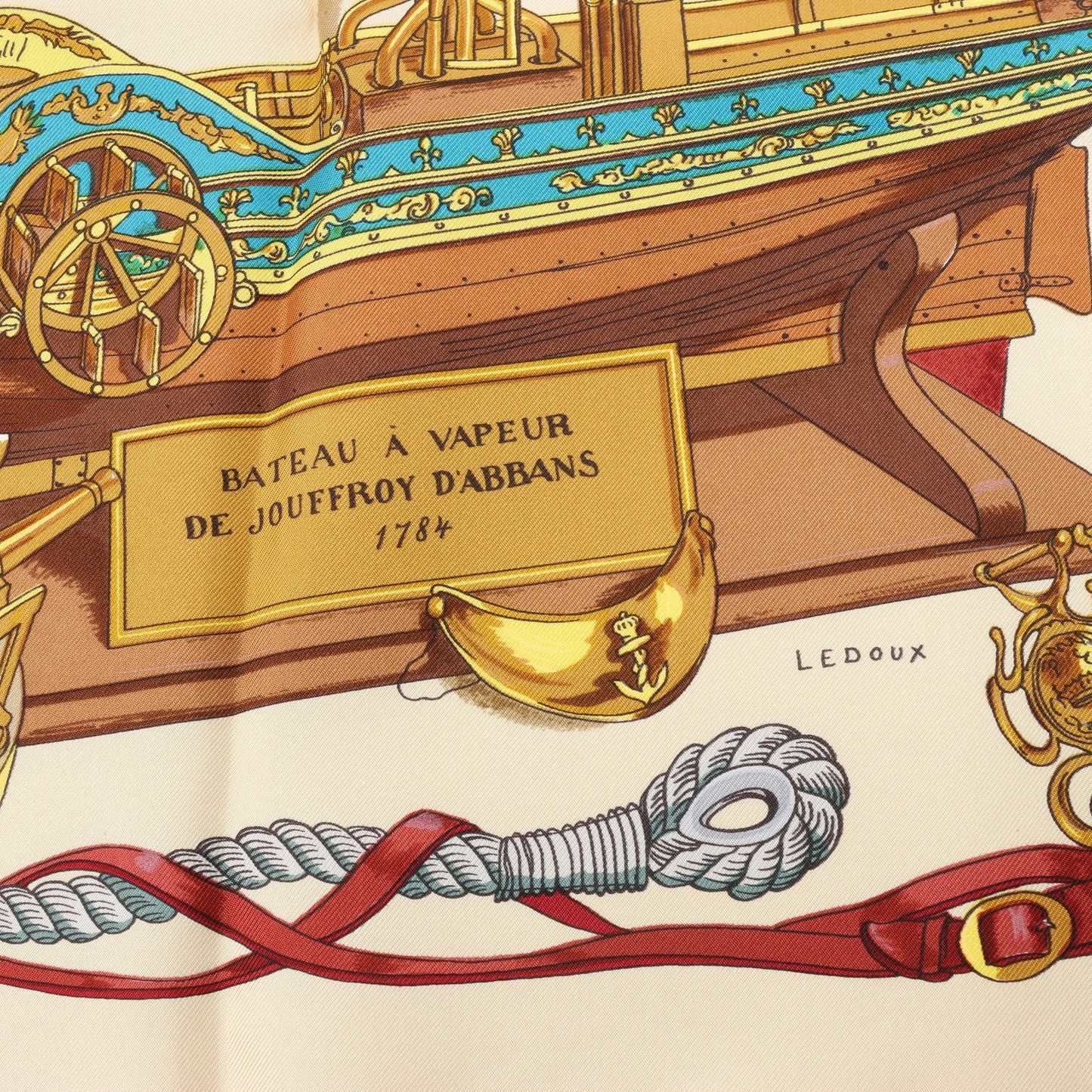 Hermès Carré 90 "BATEAU A VAPEUR DE JOUFFROY DABBANS 1784" Silk handkerchief in Beige