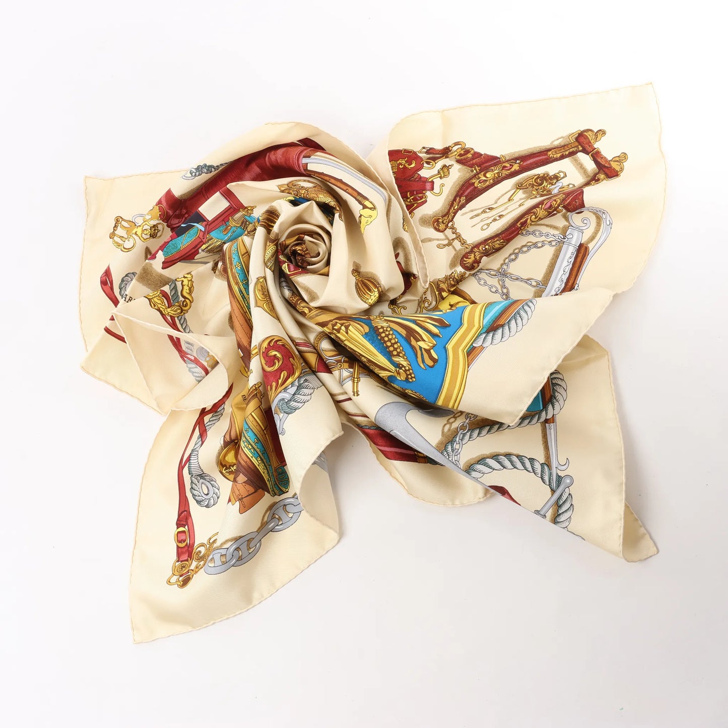 Hermès Carré 90 "BATEAU A VAPEUR DE JOUFFROY DABBANS 1784" Silk handkerchief in Beige