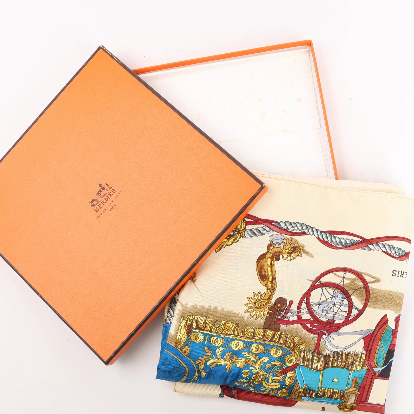Hermès Carré 90 "BATEAU A VAPEUR DE JOUFFROY DABBANS 1784" Silk handkerchief in Beige