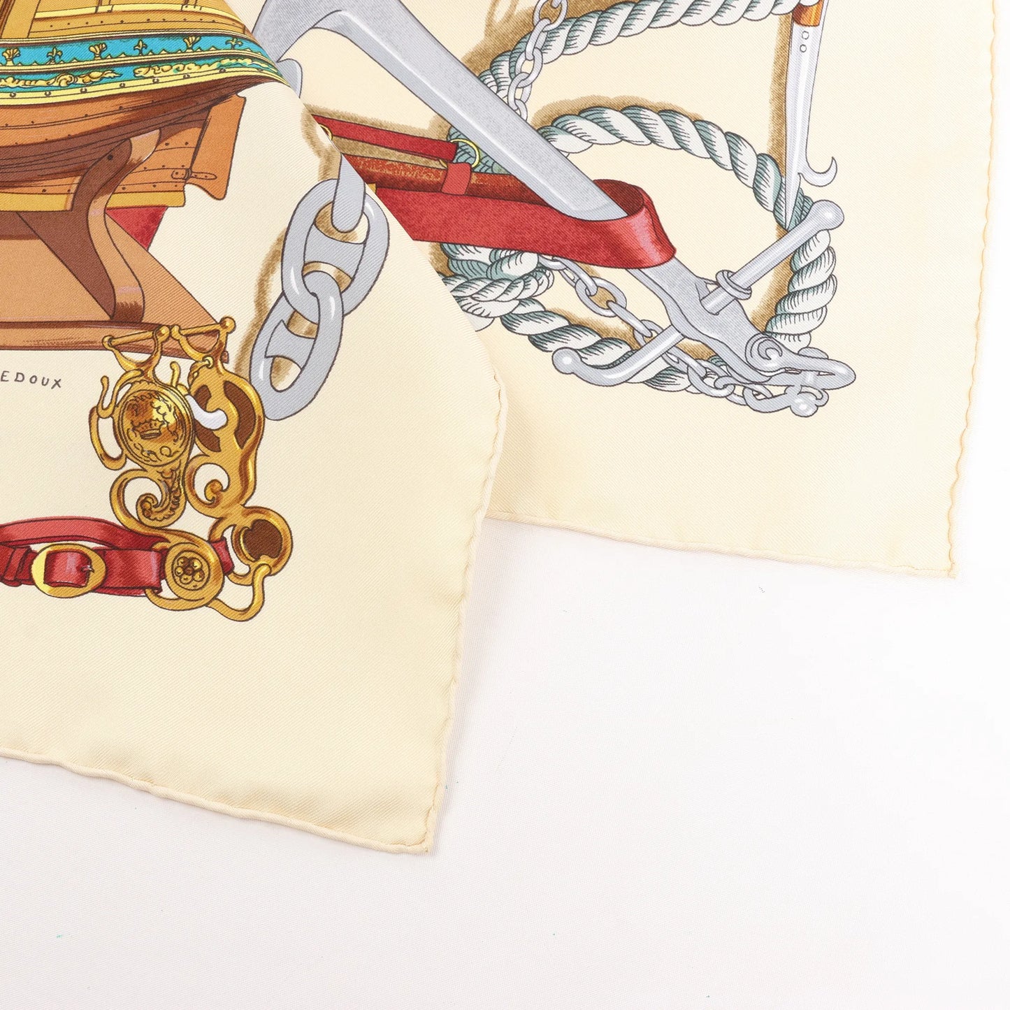 Hermès Carré 90 "BATEAU A VAPEUR DE JOUFFROY DABBANS 1784" Silk handkerchief in Beige